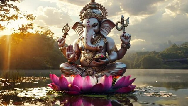 A large statue of ganesh is sitting on a lotus flower in a pond