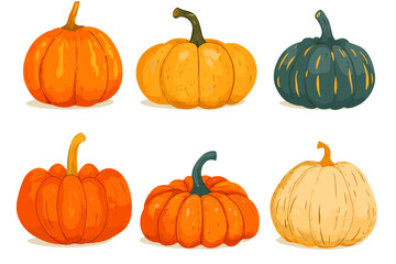 Set of simple autumn pumpkin. Hand drawn pumpkin squash in warm natural fall colors isolated on white. Vector illustration - autumn themes, Halloween