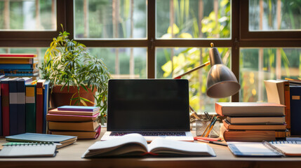 A cozy study space featuring laptop, open book, and stacks of colorful books, surrounded by greenery and natural light.