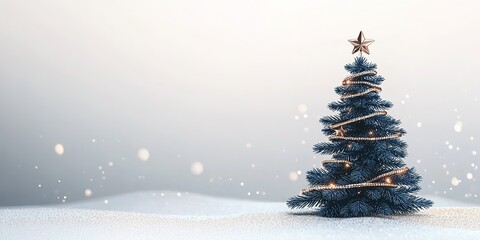 Snowy Christmas tree with golden star and lights, holiday backgr