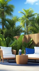 Fototapeta premium A sleek, minimalist outdoor patio surrounded by tropical foliage. 