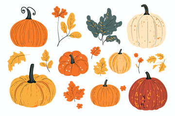 Set of simple autumn pumpkin. Hand drawn pumpkin squash in warm natural fall colors isolated on white. Vector illustration - autumn themes, Halloween