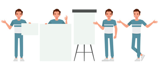 Men wear blue and white t-shirt character vector illustration design set. Man standing and presentation on a white board.