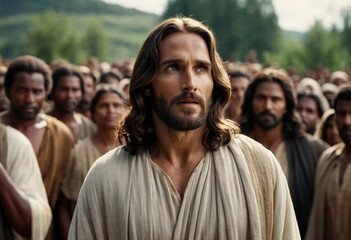 Obraz premium Jesus Christ stands amidst a diverse assembly, conveying a message of hope and faith in a tranquil natural setting, surrounded by attentive followers. Generative AI
