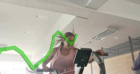 Green financial graph animation over people exercising on stationary bikes in gym - Powered by Adobe