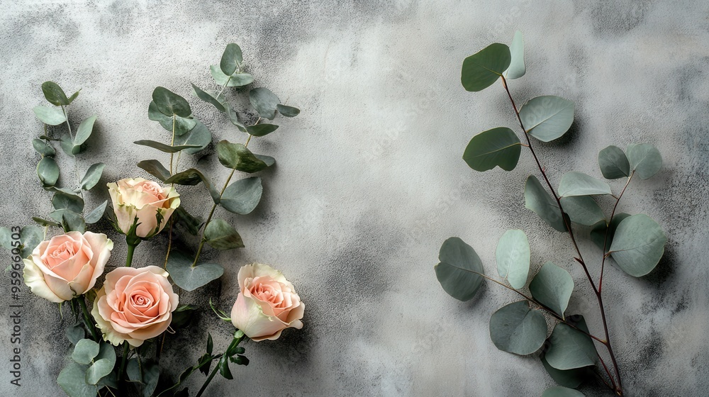 Sticker The arrangement showcases elegant roses alongside eucalyptus, elegantly displayed on a modern concrete surface for a chic look. Generative AI