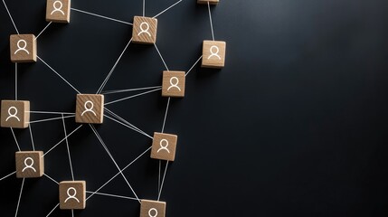 Interconnected Wooden Blocks Representing People in a Network Visualized with Strings,  A Powerful Concept for Collaboration, Teamwork, and Connection.