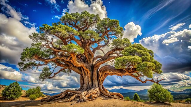 A photo image of a majestic tule tree with gnarled branches and twisted trunks, standing tall against a cloudy blue sky.