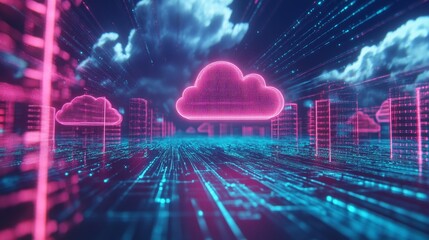 Fototapeta premium Digitized Future: Neon-lit Infinite Cloud Storage Network with Expanding Data Pathways