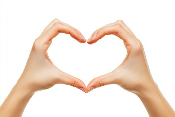 Obraz premium Two Hands Forming a Heart Shape Together on a Pure White Background for Love and Romance Themes