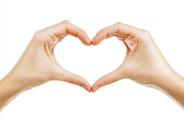 Obraz premium Two Hands Forming a Heart Shape Together on a Pure White Background for Love and Romance Themes