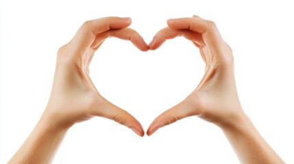 Fototapeta premium Two Hands Forming a Heart Shape Together on a Pure White Background for Love and Romance Themes