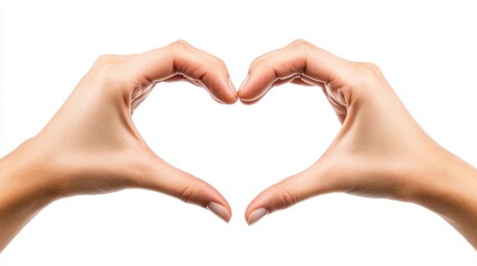 Obraz premium Two Hands Forming a Heart Shape Together on a Pure White Background for Love and Romance Themes