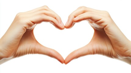 Obraz premium Two Hands Forming a Heart Shape Together on a Pure White Background for Love and Romance Themes