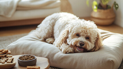 Cozy Indoor OasisA Fluffy Dog's Relaxing Retreat with Gourmet Treats and Natural Light