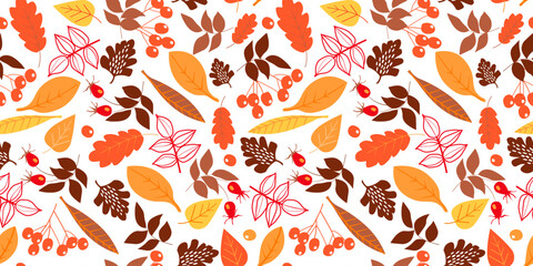 Seamless pattern with autumn leaves, berries, pine cones. Natural print. Vector graphics.