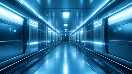Naklejka premium Blue futuristic corridor with bright neon lights.