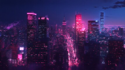 Fototapeta premium An aerial view of a city skyline at night with neon lights illuminating the buildings.