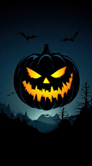 A pumpkin with a scary face is surrounded by bats. The image has a spooky and eerie mood, which is typical of Halloween decorations