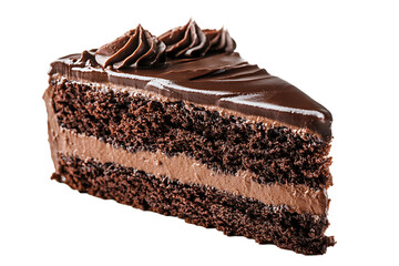 Isolated closeup of a delicious piece of chocolate cake on a plate, topped with rich cream and a dusting of cocoa powder, perfect for a sweet treat or birthday celebration