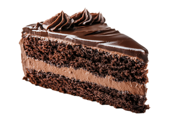 Isolated closeup of a delicious piece of chocolate cake on a plate, topped with rich cream and a dusting of cocoa powder, perfect for a sweet treat or birthday celebration