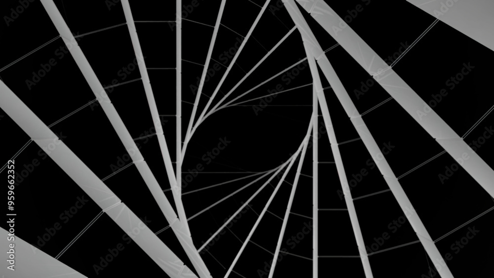 Poster flying inside abstract corridor of bending lines on a black background. design. moving in hypnotic w