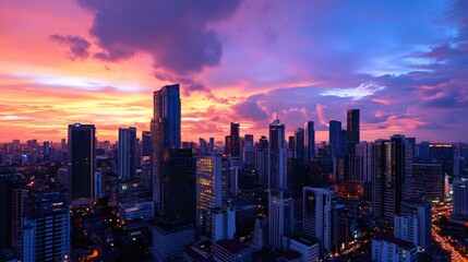 Naklejka premium City skyline with skyscrapers at sunset, the sky is a beautiful pink and orange.