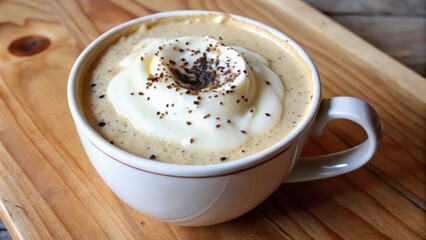 Coffee with Whipped Cream and Sprinkles in a White Mug