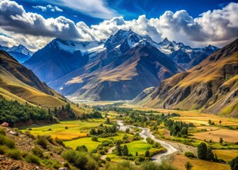 The Cenepa Valley stretches majestically through the towering Andes Mountains, its lush green landscapes and snow-capped peaks a breathtaking sight to behold.