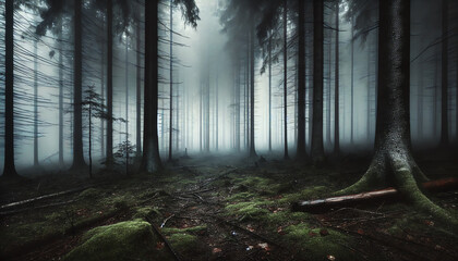 Naklejka premium An eerie and mysterious scene of a foggy forest
