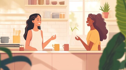 Two friends enjoying a lively conversation over coffee in a bright kitchen during the morning