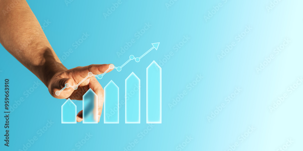 Aufkleber close up of man hand using abstract creative growing business chart on blue background with mock up 