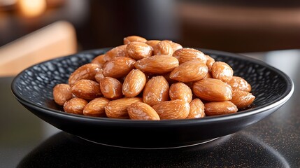 Almonds Enrobed in Caramel Presented on a Sleek Black Dish for a Decadent Gourmet Treat