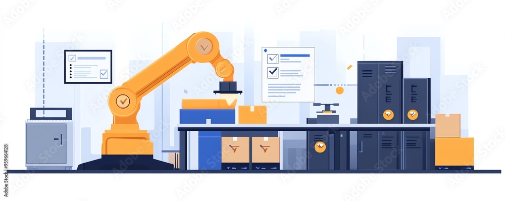 Poster concept of automation in industrial processes, showcasing workflow optimization with checkboxes and 