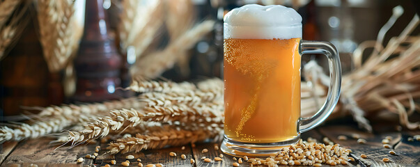 glass mug of beer with white foam and grain wheat ears spike, Oktoberfest, international world beer day, brewery harvest wallpaper, still life drink pub background, copy space