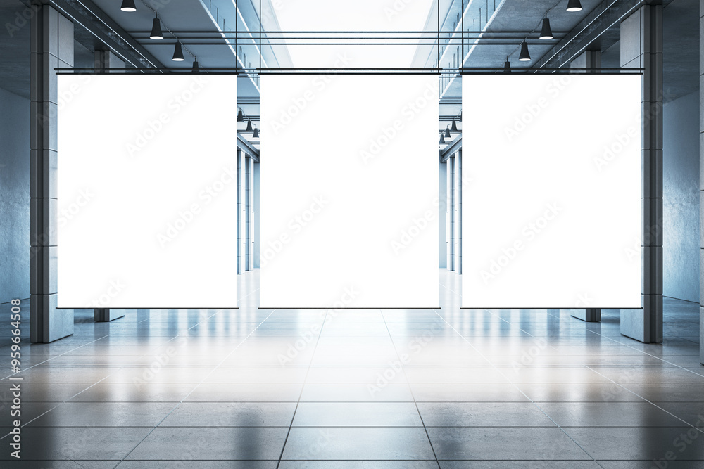 Aufkleber Modern office corridor with reflections and empty white mock up posters. 3D Rendering.