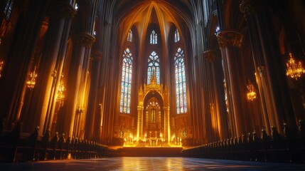 Fototapeta premium Interior of a grand cathedral with stained glass windows and a golden altar.