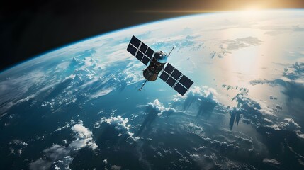 Satellite orbiting Earth with stunning view of the planet's surface and atmosphere, space technology and exploration concept.