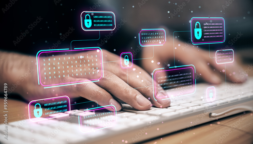 Poster Close up of man hands using laptop keyboard with creative encrypted code hologram on blurry background. Blockchain network and technology concept. Double exposure.