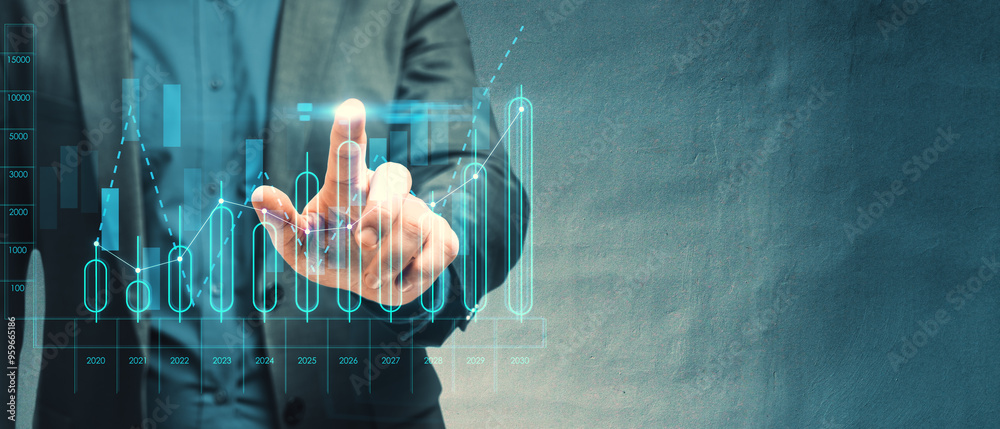 Poster close up of male hand pointing at growing business chart grid hologram and map on blurry background 