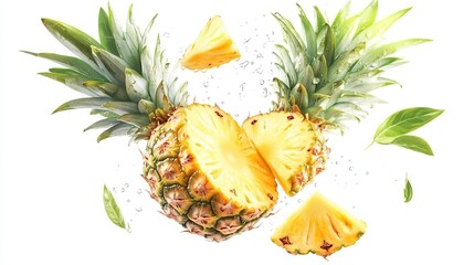 A vibrant pineapple with slices and splashes of water, showcasing freshness and tropical appeal.