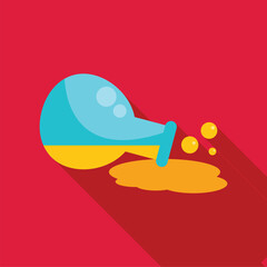 Round bottom flask spilling yellow chemical liquid icon in flat style on a red background