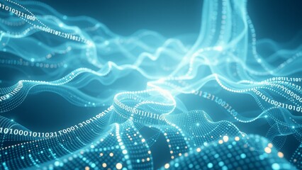 Abstract digital background with blue glowing lines and binary code.