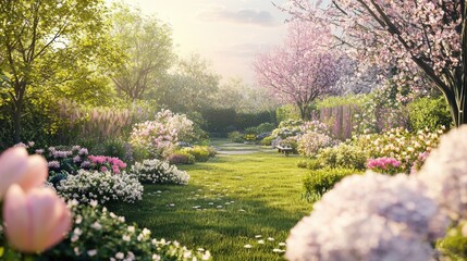 Obraz premium Lush Spring Garden with Blooming Flowers and Trees Lined Grassy Path