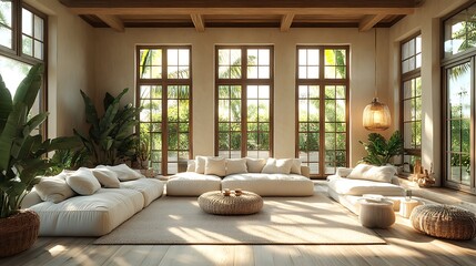 A cozy coastal retreat with warm sunlight filtering through large windows, featuring natural wood floors, soft beige furniture, and coral decor accents, creating a serene and inviting atmosphere,