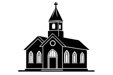 Township with church, black silhouette on white background, vector illustration 