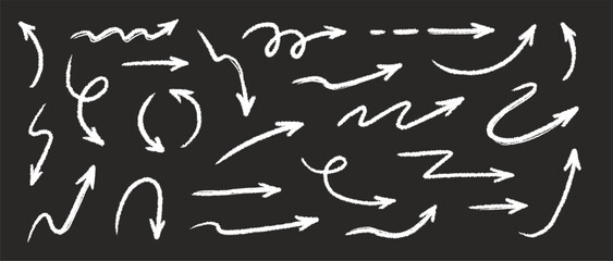 Arrow crayon brush doodle chalk line stroke. Sketch pencil texture line scribble arrow icon. Hand drawn grunge crayon brush sketch direction element on chalkboard. Vector illustration