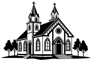 Township with church, black silhouette on white background, vector illustration 