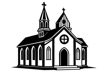 Township with church, black silhouette on white background, vector illustration 