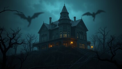 A spooky Victorian house on a dark night.